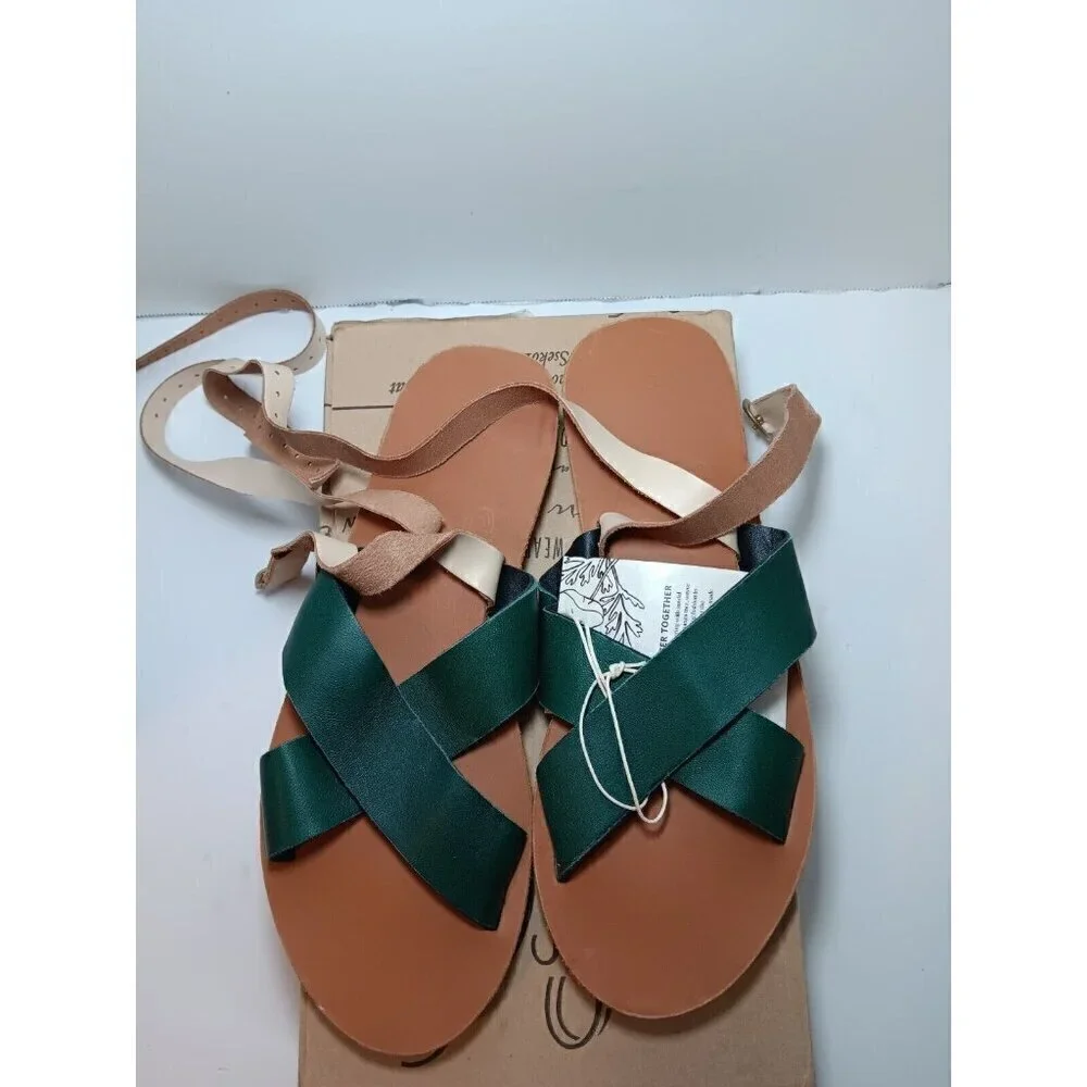 Sseko Women's Size 8 Green Leather Sandals Handmade In Uganda Summer Beach Pool